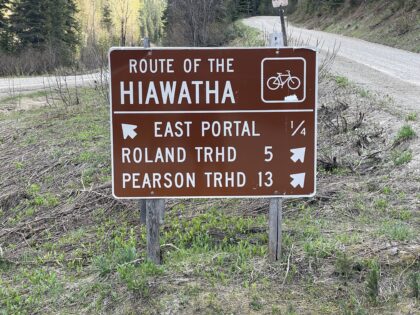 A trail sign for the East Portal Trailhead at The Route of the Hiawatha.